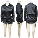 Solid Long Sleeve Drawstring Pleated Lapel Shirts Dress YF-9951