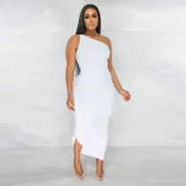 Sexy Solid Color Sloping Shoulder Ruched Slim Dress YF-K10139
