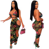 Sexy Print Beach Bikini See-through Hollow Skirts Three Piece YF-K10121
