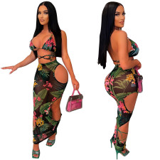 Sexy Print Beach Bikini See-through Hollow Skirts Three Piece YF-K10121