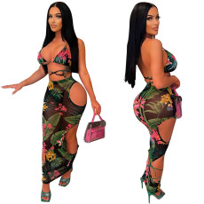 Sexy Print Beach Bikini See-through Hollow Skirts Three Piece YF-K10121