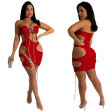 Solid Color Tube Top Sexy Nightclub Hollow Tie Up Mini Dress YF-K10082