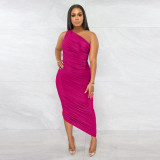 Sexy Solid Color Sloping Shoulder Ruched Slim Dress YF-K10139