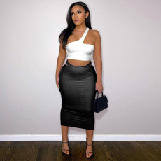 Contrast One Shoulder Top And Midi Skirt 2 Piece Sets YF-K10129