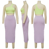 Contrast One Shoulder Top And Midi Skirt 2 Piece Sets YF-K10129