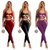 Solid Color Hollow Halter Top And Pants Two Piece Sets YF-K10134