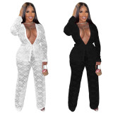 Solid Color Lace Shirt Two Piece Pants Set With Belt YF-K10076