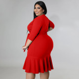 Plus Size Solid V Neck 3/4 Sleeve Ruffled Bodycon Dress NNWF-7555