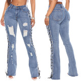 Plus Size Denim Ripped Hole Lace-Up Jeans Pants LX-5522