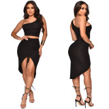 Solid One Shoulder Smocked Skirts Two Piece Sets YF-K10066