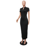 Solid Color Casual Short Sleeve Maxi Dress YF-K9200