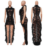 Lace Sleeveless See Through Ruffle Maxi Dress YF-K10118