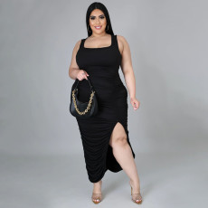 Plus Size Solid Sleeveless Ruched Split Slim Maxi Dress NNWF-7553