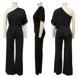 Solid One Shoulder Short Sleeve Jumpsuit YF-10137