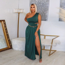 Solid One Shoulder Split Maxi Skirt Two Piece Sets (Without Belt)YF-10165