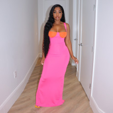Contrast Colot Strap Split Maxi Dresses YF-10135