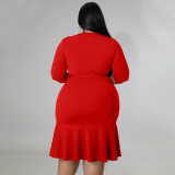 Plus Size Solid V Neck 3/4 Sleeve Ruffled Bodycon Dress NNWF-7555