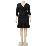Plus Size Solid V Neck 3/4 Sleeve Ruffled Bodycon Dress NNWF-7555