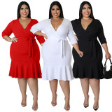 Plus Size Solid V Neck 3/4 Sleeve Ruffled Bodycon Dress NNWF-7555