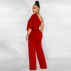 Solid One Shoulder Short Sleeve Jumpsuit YF-10137