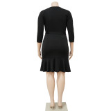 Plus Size Solid V Neck 3/4 Sleeve Ruffled Bodycon Dress NNWF-7555