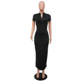 Solid Color Casual Short Sleeve Maxi Dress YF-K9200
