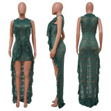 Lace Sleeveless See Through Ruffle Maxi Dress YF-K10118