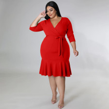Plus Size Solid V Neck 3/4 Sleeve Ruffled Bodycon Dress NNWF-7555
