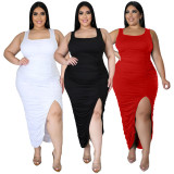Plus Size Solid Sleeveless Ruched Split Slim Maxi Dress NNWF-7553