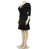 Plus Size Solid V Neck 3/4 Sleeve Ruffled Bodycon Dress NNWF-7555