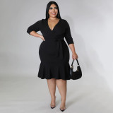 Plus Size Solid V Neck 3/4 Sleeve Ruffled Bodycon Dress NNWF-7555