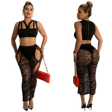 Sexy Sleeveless Top Lace See Through Skirts 2 Piece Sets With Panties YF-K10117
