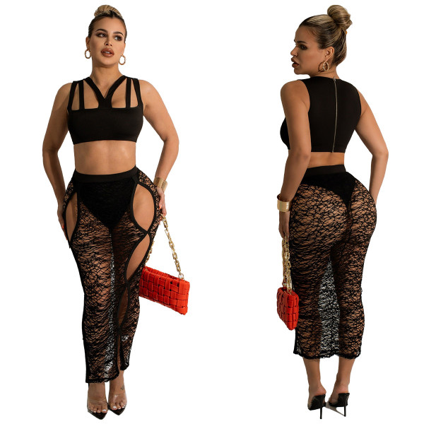 Sexy Sleeveless Top Lace See Through Skirts 2 Piece Sets With Panties YF-K10117