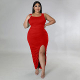 Plus Size Solid Sleeveless Ruched Split Slim Maxi Dress NNWF-7553