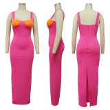 Contrast Colot Strap Split Maxi Dresses YF-10135