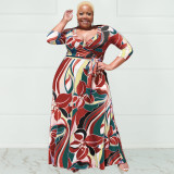 Plus Size Printed V Neck Sashes Maxi Dress OSIF-22361
