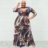 Plus Size Printed V Neck Sashes Maxi Dress OSIF-22361