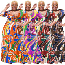 Plus Size Printed V Neck Sashes Maxi Dress OSIF-22361