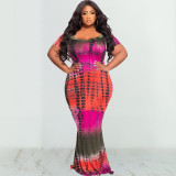 Plus Size Tie Dye Print Short Sleeve Maxi Dress OSIF-22290