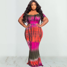 Plus Size Tie Dye Print Short Sleeve Maxi Dress OSIF-22290