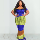 Plus Size Tie Dye Print Short Sleeve Maxi Dress OSIF-22290