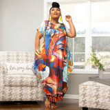 Plus Size Printed Short Sleeve Loose Maxi Dress XMY-9366