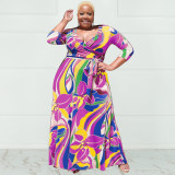 Plus Size Printed V Neck Sashes Maxi Dress OSIF-22361