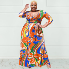 Plus Size Printed V Neck Sashes Maxi Dress OSIF-22361