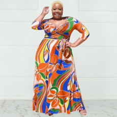 Plus Size Printed V Neck Sashes Maxi Dress OSIF-22361