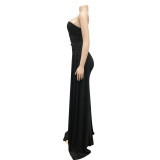 Solid One Shoulder Split Maxi Evening Dress BY-5819