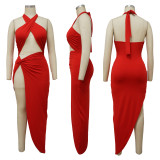 Solid Color Halter Slit Irregular Dress YF-10124
