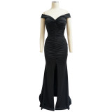 Elegant Sexy Off Shoulder Ruched Slit Evening Dress YF-10062