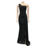 Solid One Shoulder Split Maxi Evening Dress BY-5819
