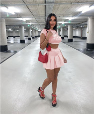 Pre Order: About 7 work days shipping Sexy Printed Crop Top Pleated Mini Skirt 2 Piece Sets YUEM-Y705